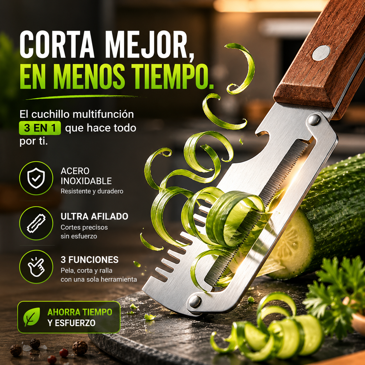 2X1! Cuchillo Multifunción 3 en 1™ - Pela, corta y ahorra tiempo en cada comida