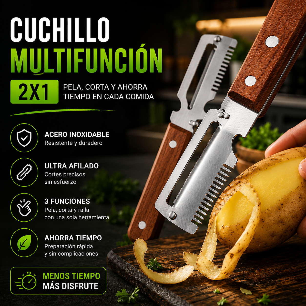 2X1! Cuchillo Multifunción 3 en 1™ - Pela, corta y ahorra tiempo en cada comida